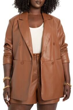 ELOQUII Faux Leather Double Breasted Longline Blazer Brown Plus Size 24